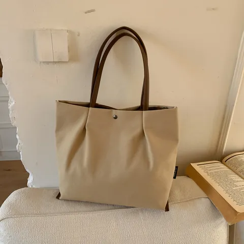 Women Large Capacity Canvas Tote Bag Minimalist Solid Color Shoulder Bag Retro Chic Handbag For Daily Commute Work School