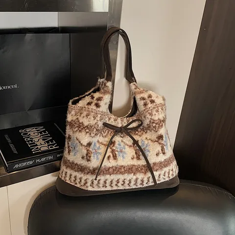 Borsa Tote in Peluche Vintage da Donna con Motivo a Fiocchi di Neve Grande Capacità Borsa a Spalla Pendolare Ufficio Scuola Caffè