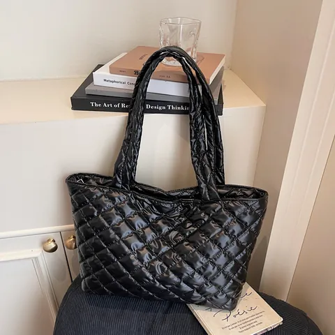 Große Kapazität Gesteppte Tote Bag Glänzend Nylon Puffer Schultertasche Rautenmuster Damen Mode Handtasche Pendler Tasche