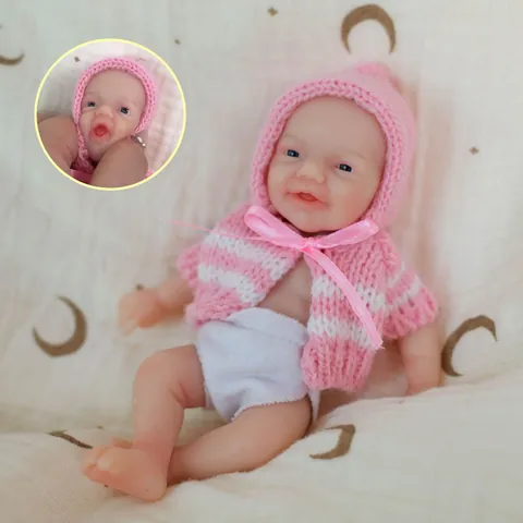 Realistic Miniature Reborn Doll Solid Silicone Full Body Washable Soft Skin Newborn Baby Toy With Pink Knitted Outfit For Kids
