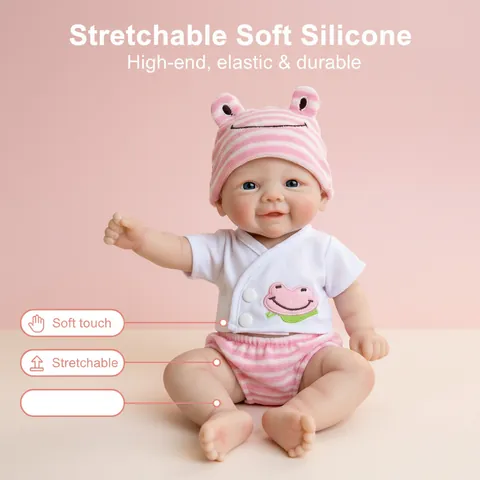 Realistic Solid Silicone Reborn Baby Doll With Pink Striped Frog Outfit Soft Stretchable Washable Doll Toy For Kids Gift