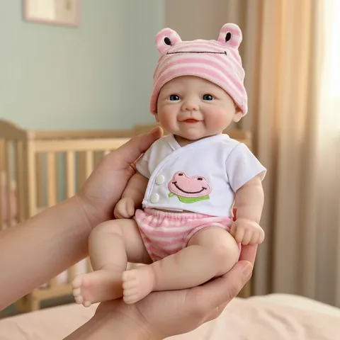 Realistic Solid Silicone Reborn Baby Doll With Pink Striped Frog Outfit Soft Stretchable Washable Doll Toy For Kids Gift