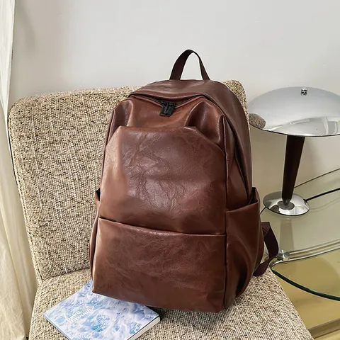 Mochila de Cuero PU Vintage Gran Capacidad Minimalista Urbano Color Sólido Mochila Escolar Viaje para Hombres Mujeres