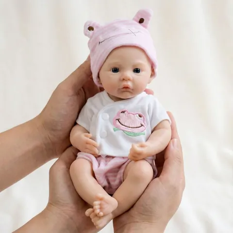 12 Inch Realistic Full Body Solid Silicone Reborn Baby Doll Washable Soft Stretchable Girl Doll With Pink Frog Outfit Set