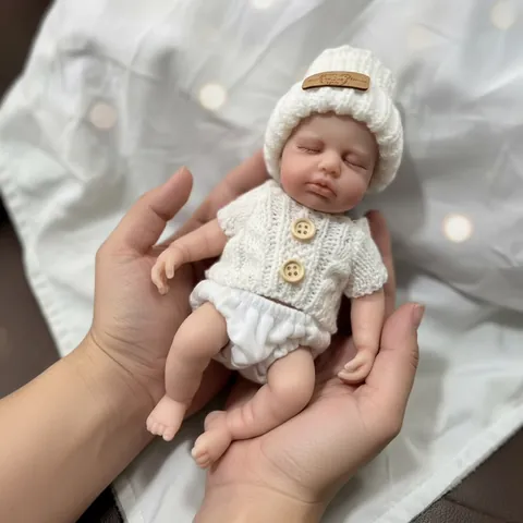 Realistic Mini Solid Silicone Reborn Baby Doll Lifelike Sleeping Newborn With White Knitted Outfit Hat Diaper Set Kids Gift