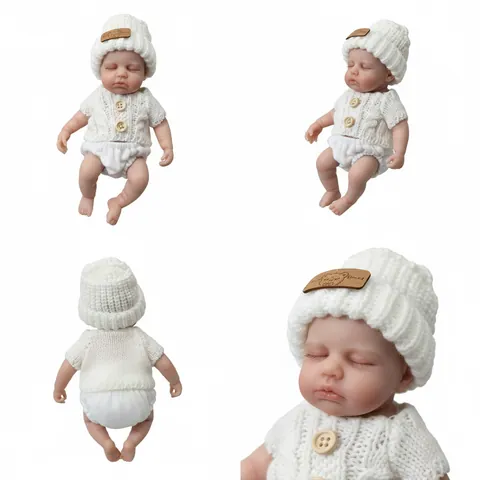 Realistic Mini Solid Silicone Reborn Baby Doll Lifelike Sleeping Newborn With White Knitted Outfit Hat Diaper Set Kids Gift