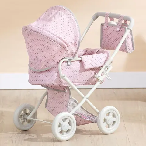 Foldable Toy Doll Stroller With Detachable Bassinet And Matching Bag Pink Polka Dot Metal Frame Pretend Play Toy For Kids