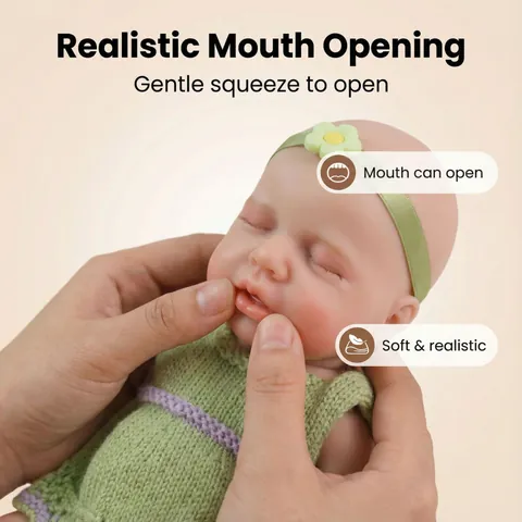 Realistic Reborn Baby Doll Solid Silicone Lifelike Newborn Girl Closed Eyes With Green Knitted Dress Christmas Gift Kids