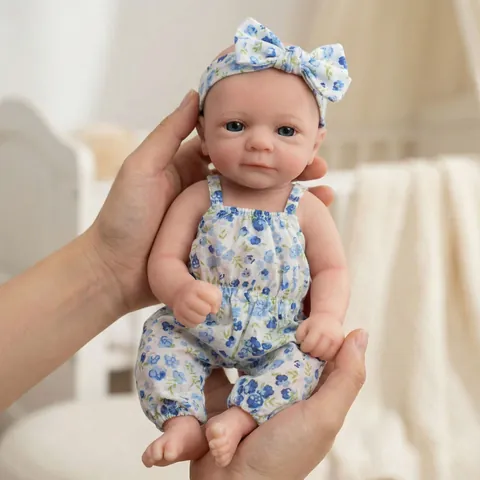 Realistic Reborn Baby Doll Full Silicone Solid Body With Blue Floral Romper Headband Washable Lifelike Newborn Doll For Kids
