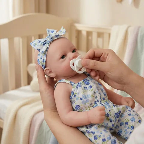 Realistic Reborn Baby Doll Full Silicone Solid Body With Blue Floral Romper Headband Washable Lifelike Newborn Doll For Kids