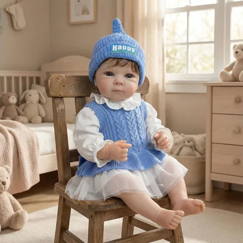 Realistische Reborn Baby Puppe Silikon Vinyl Verwurzeltes Haar Handbemalt Neugeborene Puppe Mit Strickweste Hemd Rock Socken Hut Geschenk