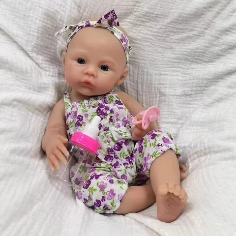 Realistic 12 Solid Silicone Reborn Baby Doll Purple Floral Outfit Newborn Doll With Pacifier Feeding Bottle For Girls Gift