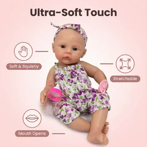 Realistic 12 Solid Silicone Reborn Baby Doll Purple Floral Outfit Newborn Doll With Pacifier Feeding Bottle For Girls Gift