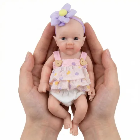 Mini Solid Silicone Reborn Baby Doll Soft Squishy Elf Simulation Doll With Pink Floral Dress And Flower Headband