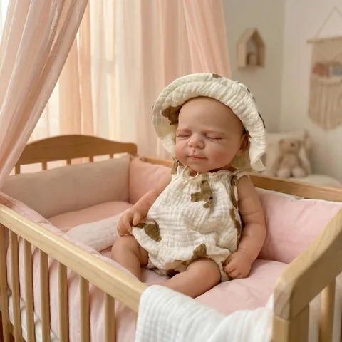 Realistic Full Body Silicone Solid Reborn Baby Doll Closed Eyes Lifelike Newborn Doll With Bear Print Outfit For Kids Gift