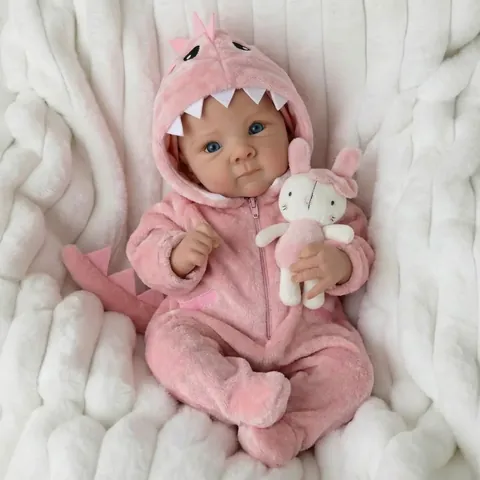 Lifelike Reborn Baby Doll Soft Vinyl Newborn Toy Wearing Pink Dinosaur Flannel Romper With Mini Rabbit Plush Gift For Kids