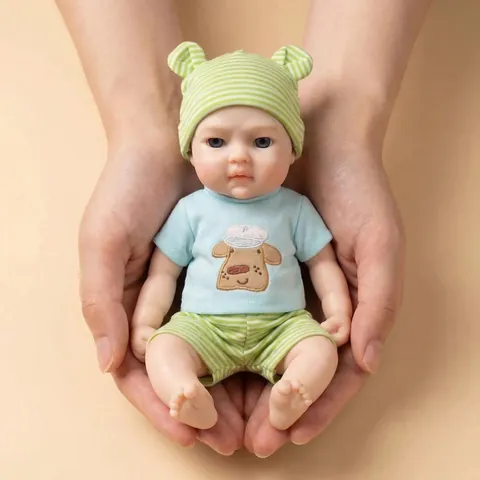 Realistic Solid Silicone Reborn Baby Doll With Green Striped Hat And Blue Dog Print T-Shirt Washable Toy Gift For Kids