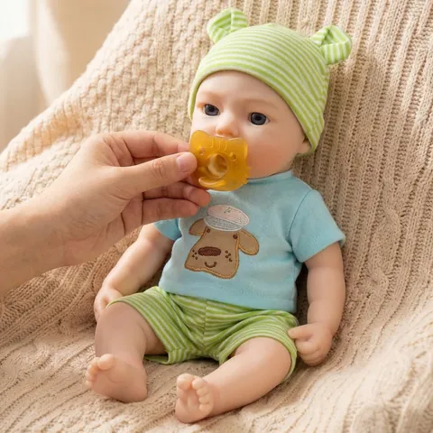 Realistic Solid Silicone Reborn Baby Doll With Green Striped Hat And Blue Dog Print T-Shirt Washable Toy Gift For Kids