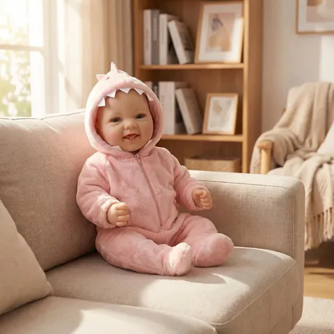 Lifelike Reborn Baby Doll With Pink Dinosaur Romper Plush Outfit Handmade Soft Vinyl Body Newborn Doll For Kids Birthday Gift