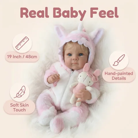 Realistic Reborn Baby Doll Blonde Hair Blue Eyes Wearing Plush Pink Unicorn Outfit Soft Vinyl Simulation Doll Children Gift