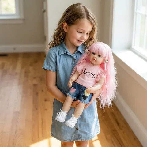 Lifelike Realistic Reborn Doll Hand Painted Full Vinyl Body Washable Pink Hair Doll With Heart Denim Shorts T-Shirt Outfit
