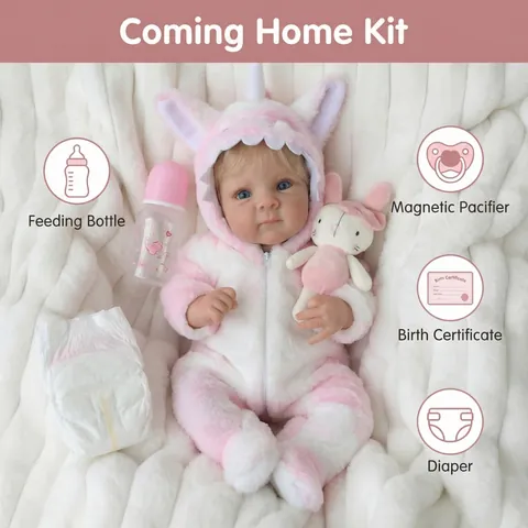 Realistic Reborn Baby Doll Blonde Hair Blue Eyes Wearing Plush Pink Unicorn Outfit Soft Vinyl Simulation Doll Children Gift