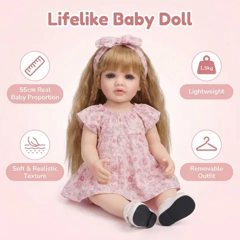 22 Inch Reborn Baby Doll 55cm Full Vinyl Realistic Newborn Doll With Blonde Hair Pink Floral Dress Bow Headband For Girls Gift