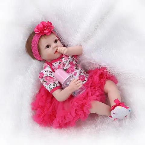 Realistic Reborn Baby Doll Silicone Soft Cotton Body Lifelike Newborn Girl Toy Pink Floral Tutu Skirt Flower Headband Gift