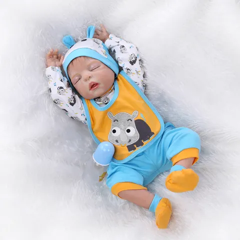 Realistic Reborn Baby Doll Mixed Silicone Full Body Washable Sleeping Newborn Toy With Blue Outfit Milk Bottle Pacifier For Girls Gift
