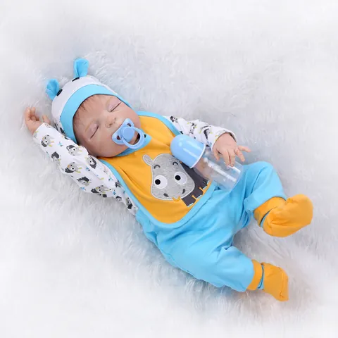 Realistic Reborn Baby Doll Mixed Silicone Full Body Washable Sleeping Newborn Toy With Blue Outfit Milk Bottle Pacifier For Girls Gift