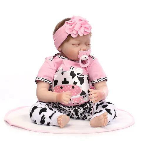 Lifelike Reborn Baby Doll Soft Silicone Cotton Body Realistic Newborn Doll With Cow Print Clothes Floral Headband Magnetic Pacifier