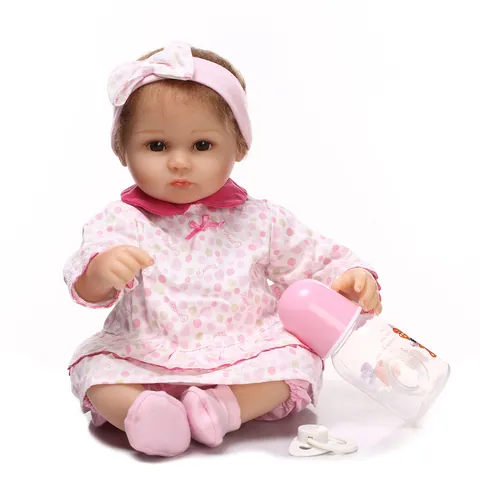 40cm Realistic Reborn Baby Doll Soft Silicone Head Limbs Cotton Body Hand Rooted Mohair Toy With Polka Dot Floral Outfit