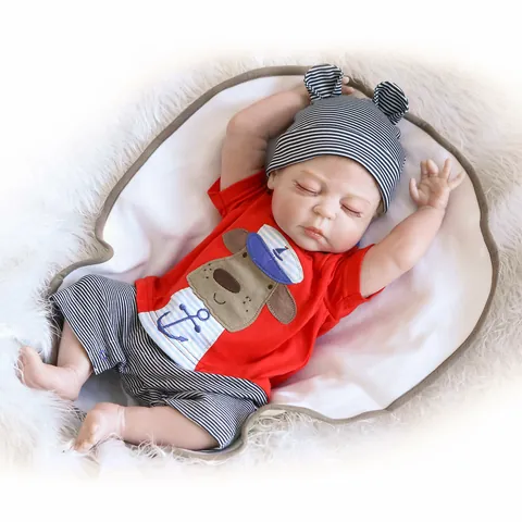 Lifelike Reborn Baby Doll Soft Mixed Silicone Sleeping Newborn Boy Navy Nautical Striped Outfit Hat Accessories Realistic Toy
