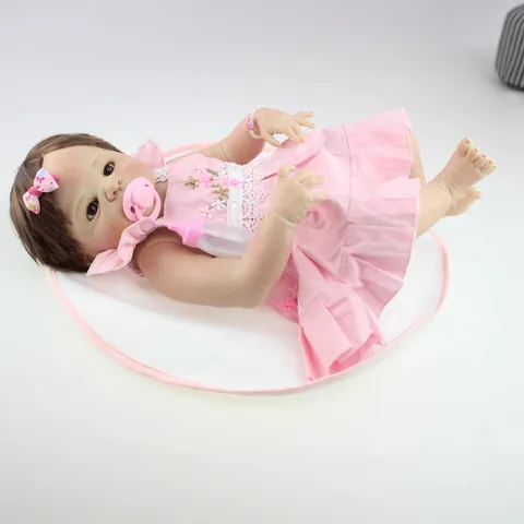 Realistic Reborn Baby Doll Soft Mixed Silicone Simulation Newborn Girl Toy Pink Floral Lace Dress Magnetic Pacifier Bottle
