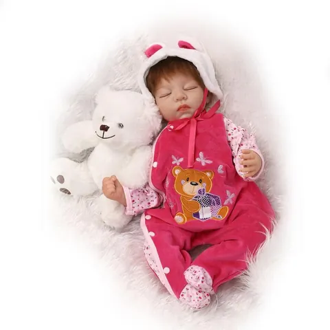 Bambola Reborn Realistica Arti in Silicone Morbido Corpo in Cotone Bambola Neonato Che Dorme Con Vestito Floreale Rosa Orsetto Regalo