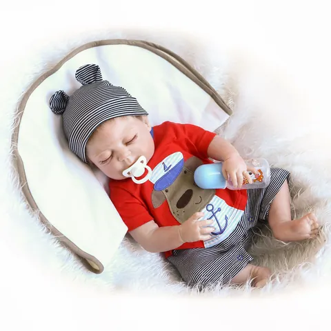 Lifelike Reborn Baby Doll Soft Mixed Silicone Sleeping Newborn Boy Navy Nautical Striped Outfit Hat Accessories Realistic Toy
