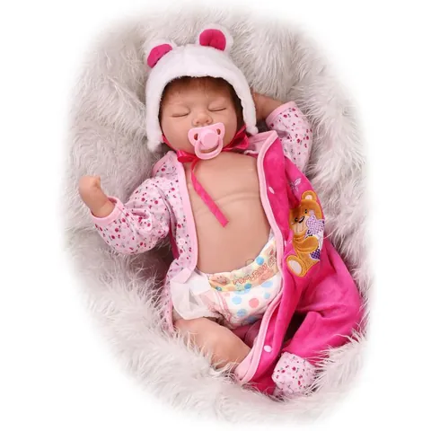 Bambola Reborn Realistica Arti in Silicone Morbido Corpo in Cotone Bambola Neonato Che Dorme Con Vestito Floreale Rosa Orsetto Regalo
