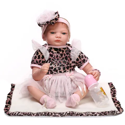 Realistic Reborn Baby Doll Soft Silicone Newborn Doll Pink Leopard Print Outfit Milk Bottle Pacifier Accessory Toy Gift