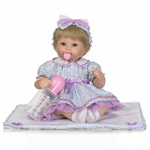 Poupée Bébé Reborn Réaliste Silicone Souple Corps en Tissu Simulation Jouet Fille Avec Robe Florale Violette Accessoires