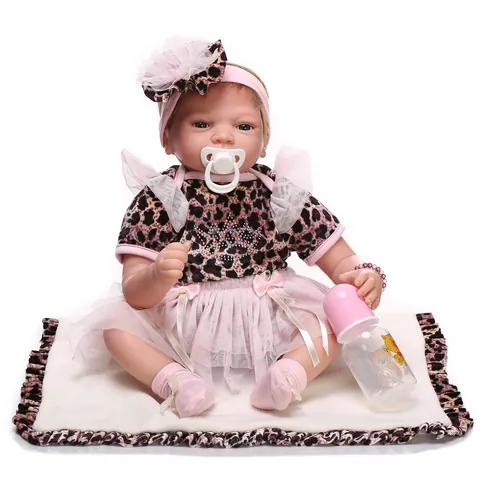 Realistic Reborn Baby Doll Soft Silicone Newborn Doll Pink Leopard Print Outfit Milk Bottle Pacifier Accessory Toy Gift