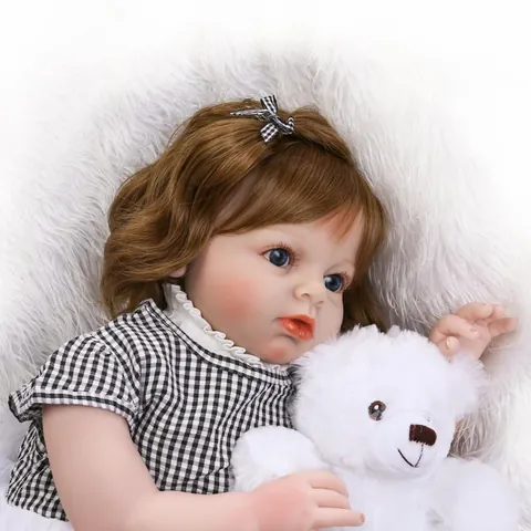 Life-like Reborn Toddler Doll Silicone Body Plaid Dress Photography Prop Realistic Girl Doll Toy Gift