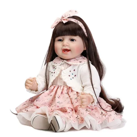 Realistic Reborn Baby Girl Doll With Long Hair Wearing Pink Floral Dress Handmade Silicone Simulation Princess Doll Toy Gift