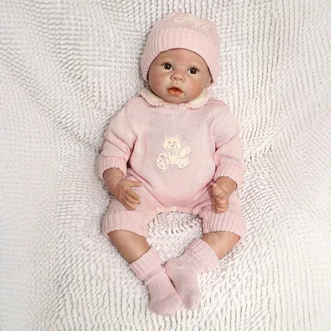 Lifelike Realistic Reborn Baby Doll Soft Silicone Head Limbs Cotton Body Pink Knit Bear Pattern Outfit Photography Toy Gift