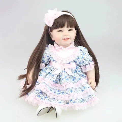 Muñeca Reborn Realista Niña Realista Con Vestido Floral Azul Encaje Volantes Diadema Con Lazo Rosa Miembros de Silicona Suave Cuerpo de Algodón Juguete de Colección Regalo para Niños