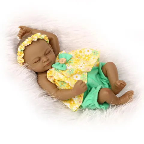 Realistic Silicone Reborn Baby Doll Dark Skin African American Washable Doll Yellow Floral Outfit For Kids Role Play Gift