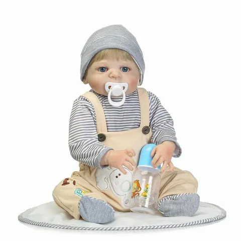 Realistic Silicone Reborn Baby Doll Lifelike Male Infant Newborn Toy With Striped Clothes Pacifier Bottle Gift
