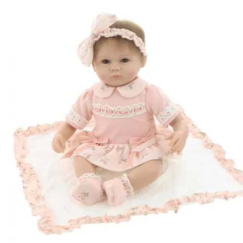 Realistic Reborn Baby Doll Soft Silicone Cloth Body Pink Floral Lace Dress Girl Birthday Gift Role Play Toy