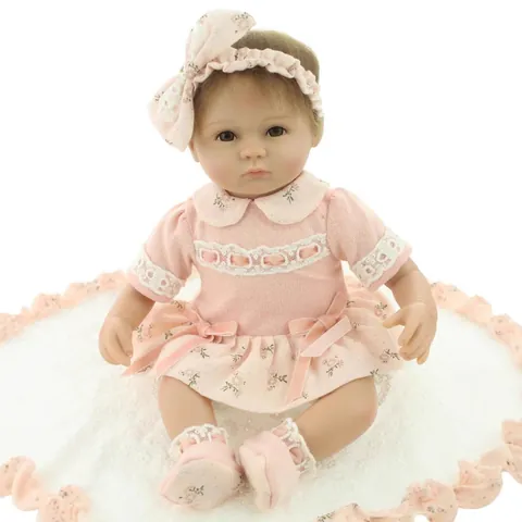 Realistic Reborn Baby Doll Soft Silicone Cloth Body Pink Floral Lace Dress Girl Birthday Gift Role Play Toy