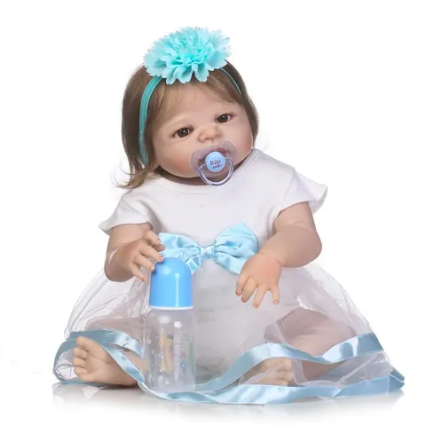 Realistic 57cm Reborn Baby Doll Full Silicone Body Lifelike Newborn Girl With Blue Flower Headband White Mesh Dress Bottle Accessories