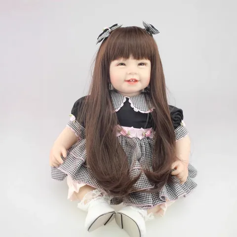 Bambola Reborn Realistica in Silicone Con Capelli Lunghi Castani E Vestito a Quadri Viso Sorridente Giocattolo Per Bambini